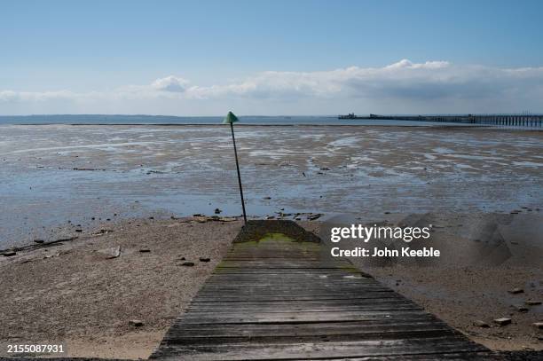 General view of a jetty on the beach at low tide on May 25, 2024 in Southend-on-Sea, United Kingdom.