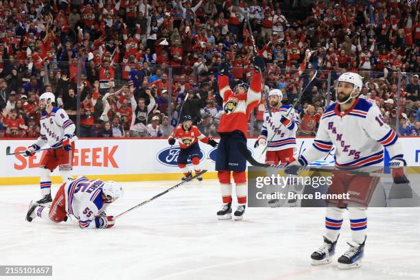 Sam Reinhart of the Florida Panthers celebrates after scoring a goal the game-winning goal in overtime against the New York Rangers in Game Four of...