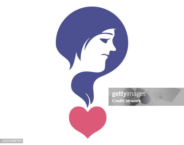 mädchengesicht im inneren fragezeichen mit herzsymbol - nicht-erwiderte-liebe stock-grafiken, -clipart, -cartoons und -symbole