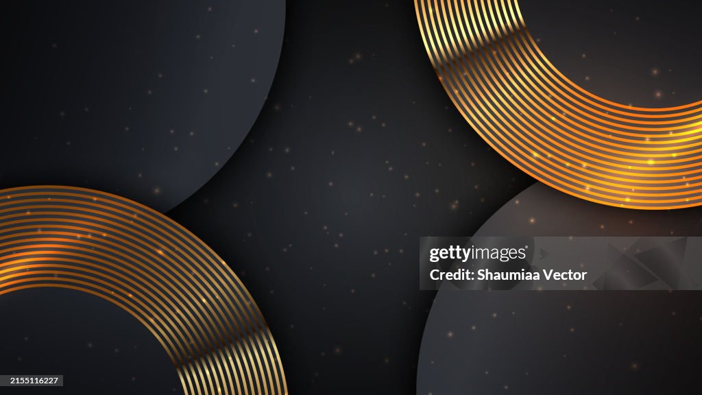 Dark black and gold luxury line overlap layered abstract background, with lighting effect and sparkle with copy space for text