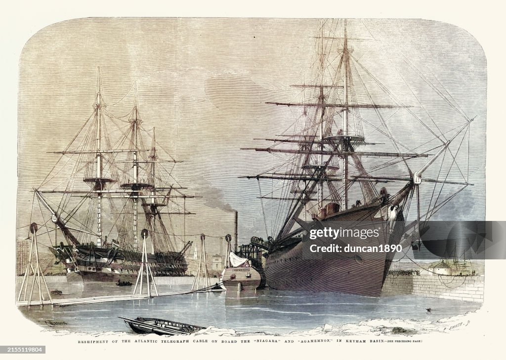 Atlantic telegraph cable, loading on board to Niagrara and Agamemnon, at Keyham Dockyard, Plymouth, 1858, 19th Century