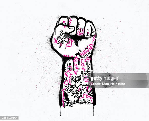 raised fist, stencil graffiti - police brutality stock illustrations