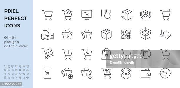 warenkorb-icon-set. bearbeitbare strichstärke. pixelgenaue symbole. - einkaufswagen stock-grafiken, -clipart, -cartoons und -symbole