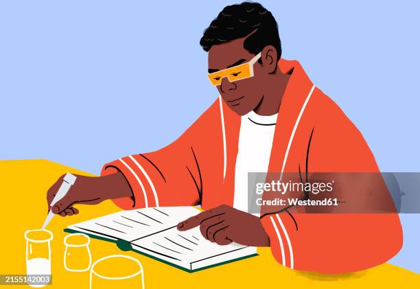 focused student studying in chemistry lab and reading notebook - reading glasses on table stock illustrations