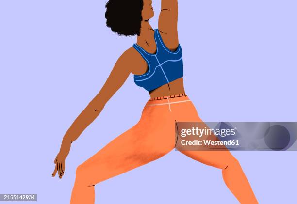 woman in yoga pose stretching with grace in front of blue background - stretching stock illustrations
