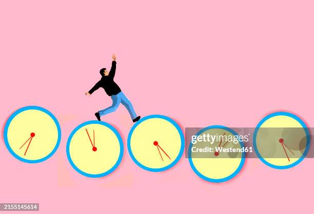 ilustraciones, imágenes clip art, dibujos animados e iconos de stock de man stumbling on clocks against pink background - fecha tope