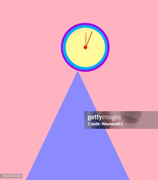 clock balancing on triangle against pink background - top angle stock illustrations