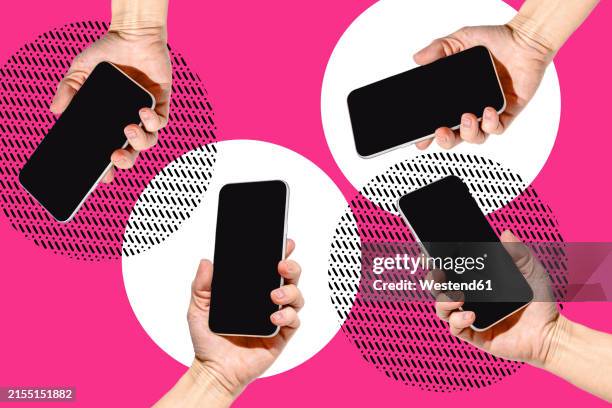 four hands holding smart phones on pink background - telefonnummer wählen stock-grafiken, -clipart, -cartoons und -symbole