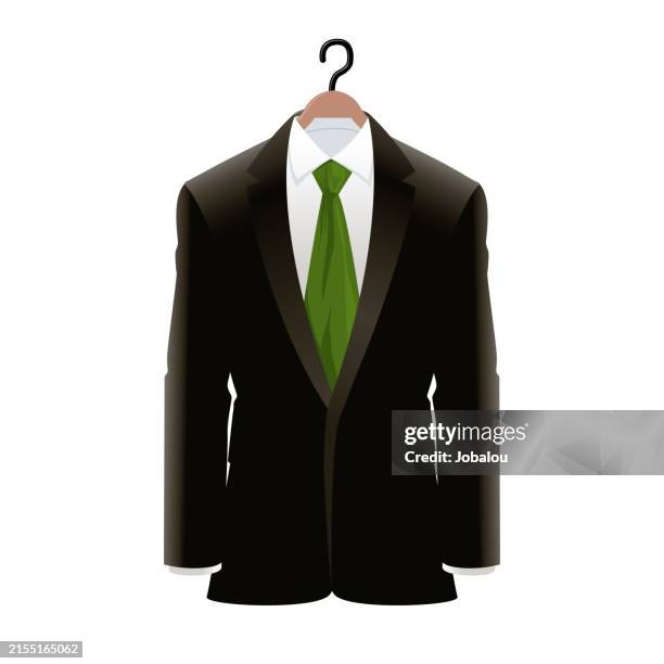 black coat and green tie hanging on a hanger - black suit green tie stock illustrations