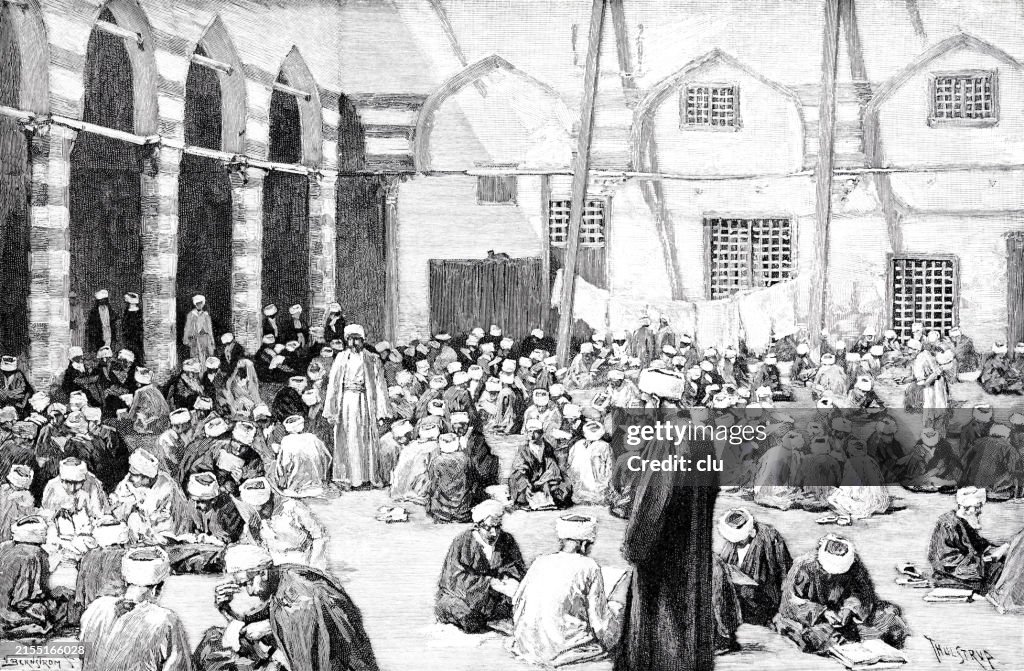 Cairo, students in the outer court of the Al Azhar university