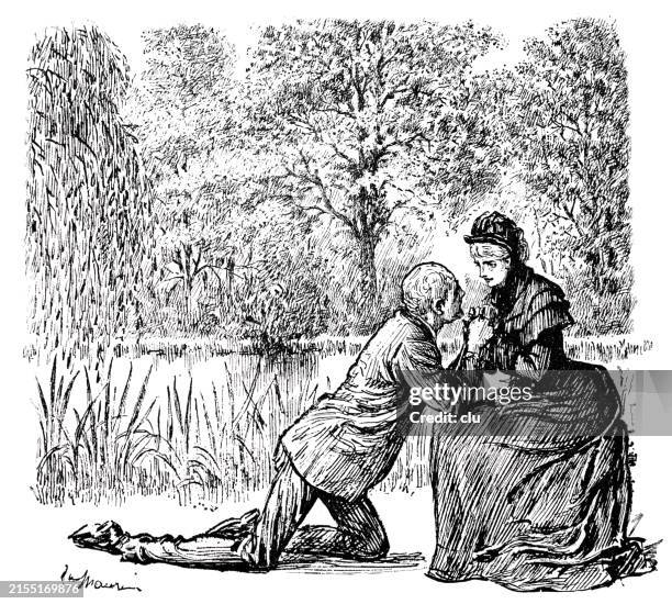 man kneeling before a widow on a meadow - widow stock illustrations