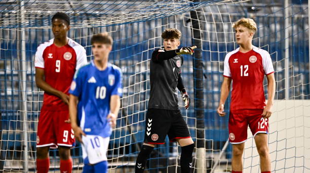 June 02: Denmark goalkeeper Tobias Breum-Harild during the UEFA European Under-17 Championship 2023/2024 Semi-Final match between Denmark and Italy...