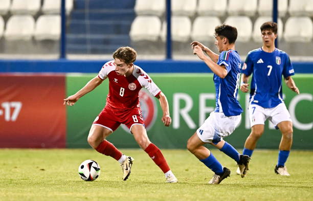 June 02: Oliver Hojer of Denmark in action against Emanuele Sala of Italy during the UEFA European Under-17 Championship 2023/2024 Semi-Final match...