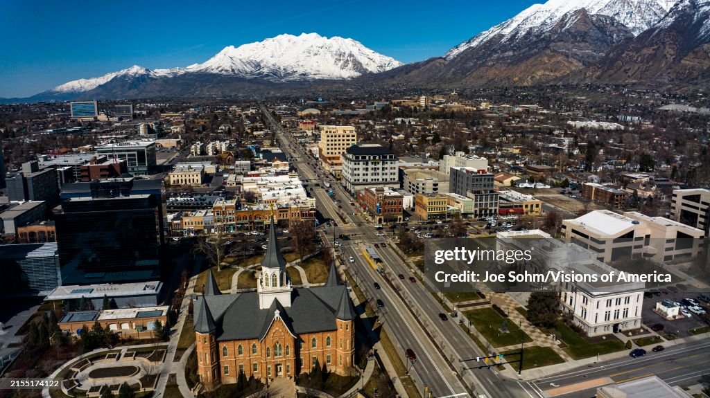 Provo Skyline and main street area is surrounded by snow capped Wasatch Mountains, Utah