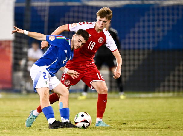 June 02: Emanuel Benjamin of Italy in action against Nicolaj Tornvig of Denmark during the UEFA European Under-17 Championship 2023/2024 Semi-Final...