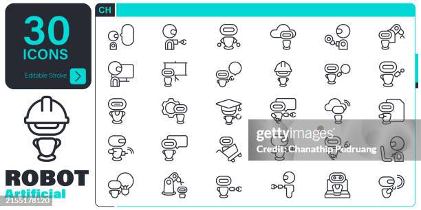 artificial intelligence icon set. 30 editable stroke vector graphic elements, stock illustration icon symbol, business, technology, innovation, robot, data - data center white stock illustrations