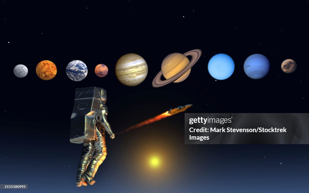 Solar System Background Roket An Astronaut Exploring Our Solar System Of Planets Using Rocket ...