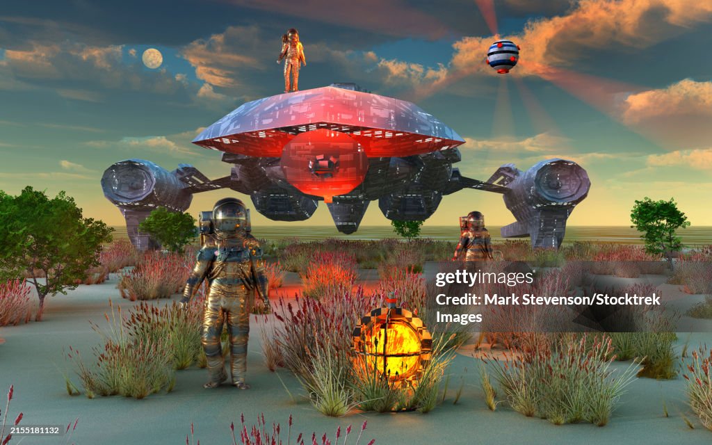 Humans using advanced spaceship technology to explore alien exoplanets