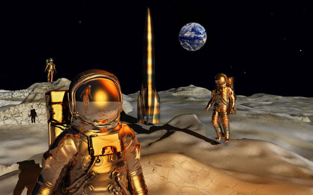 Human astronauts with their space rocket on the surface of the moon