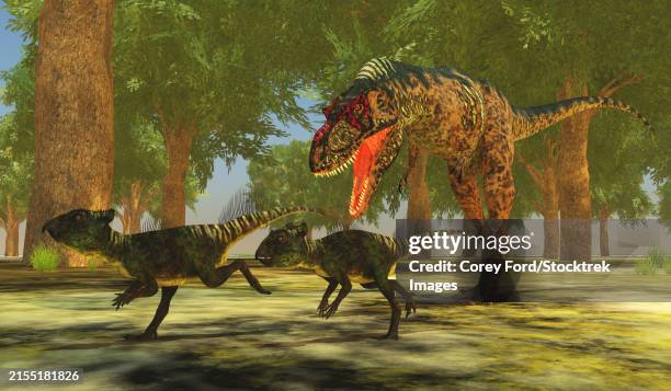 Albertosaurus Runs After A Pair Of Archaeoceratops Dinosaurs, Foto de stock