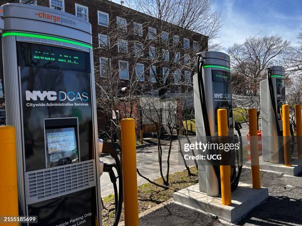 Chargepoint, NYC DCAS citywide Administrative Services, EV charging station at the courthouse parking lot in Kew Gardens, Queens, New York.