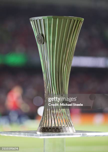 Detailed view of the UEFA Europa Conference League Trophy is displayed on a plinth prior to the UEFA Europa Conference League 2023/24 final match...