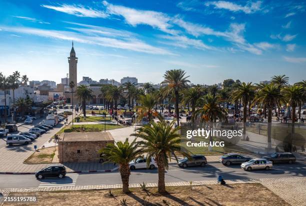 Bourguiba Square and Bourguiba Mosque seen from the top of the Ribat of Monastir, Monastir, Tunisia.
