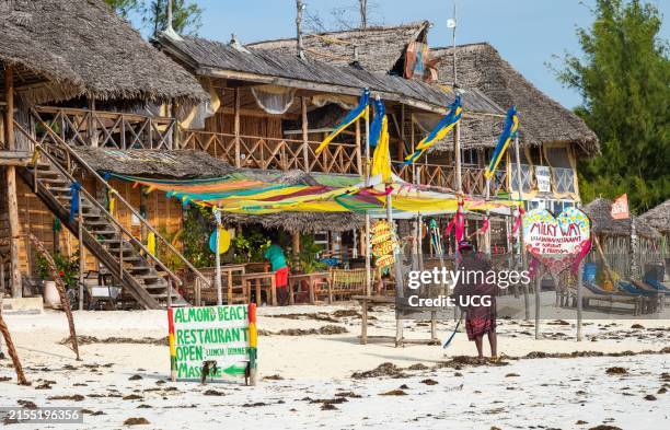 Maasai warrior rakes the sand outside a Ukrainian restaurant called Milky Way, Jambiani beach, Zanzibar, Tanzania.