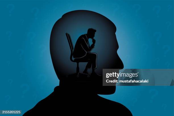 stockillustraties, clipart, cartoons en iconen met profile view of a man with a businessman sitting inside his head thinking - alleen volwassenen