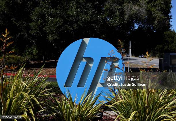 Sign is posted in front of a Hewlett-Packard office on May 29, 2024 in Palo Alto, California. Hewlett Packard will report second quarter earnings...