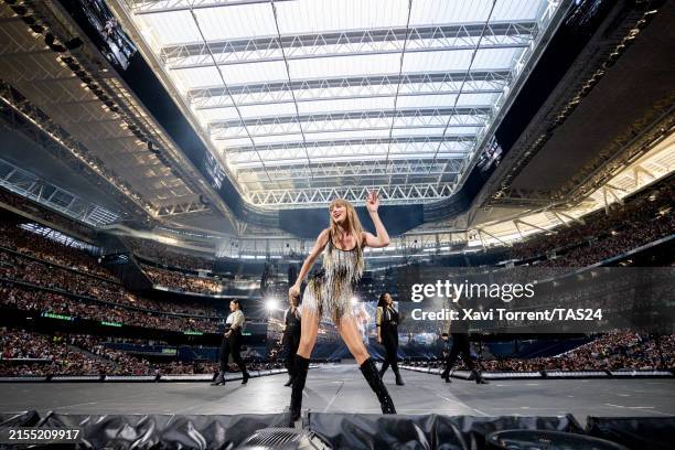 Taylor Swift performs on stage during "Taylor Swift | The Eras Tour" at Santiago Bernabéu Stadium on May 29, 2024 in Madrid, Spain.