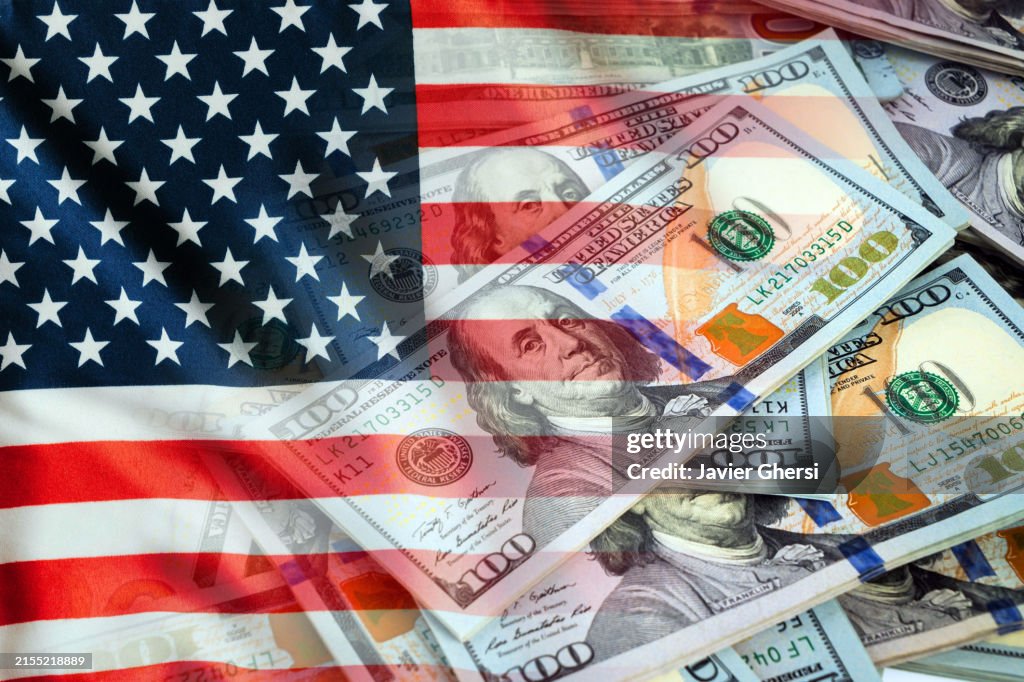 USA flag and cash dollar bills - Economy graph