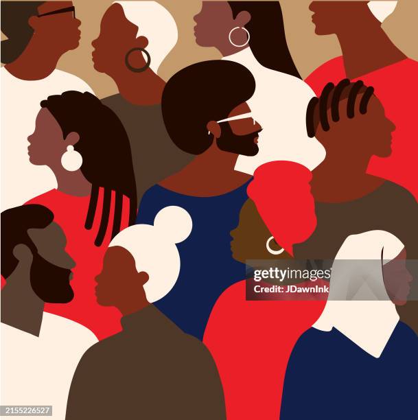 illustrazioni stock, clip art, cartoni animati e icone di tendenza di juneteenth freedom day celebration folla di persone afroamericane nei colori blu e rosso - movimento americano per i diritti civili