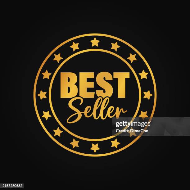 best seller round emblem, stamp, imprint, label, sticker with golden stars and best seller lettering - insignia stock illustrations