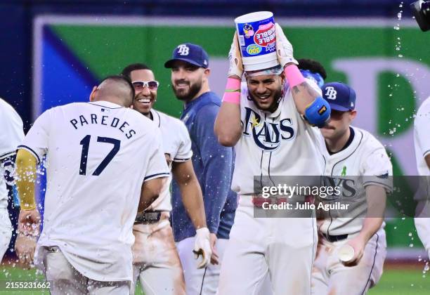 Jose Siri of the Tampa Bay Rays reacts after hitting an RBI single walk-off to defeat the Oakland Athletics 4-3 at Tropicana Field on May 29, 2024 in...