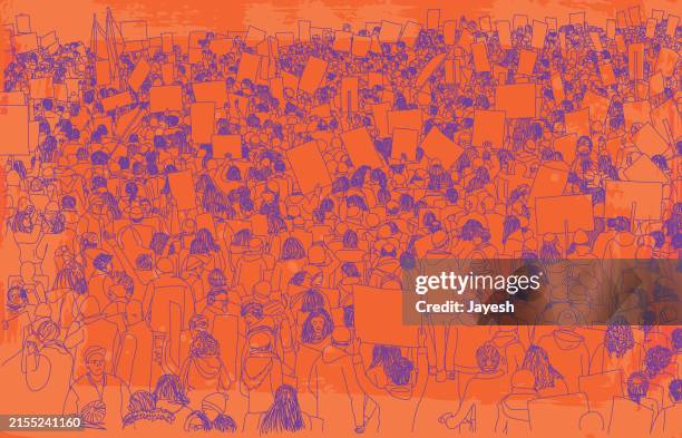 protestors protesting for awareness at a strike protest march for for awareness in a orange & purple sketchy style - millenial walking stock illustrations