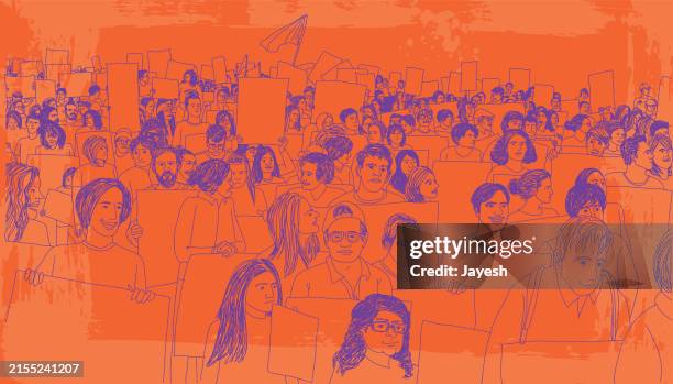 protestors protesting for awareness at a strike protest march for for awareness in a orange & purple sketchy style - millennials party stock illustrations