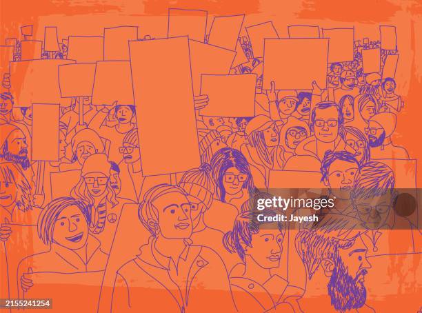 protestors protesting for awareness at a strike protest march for for awareness in a orange & purple sketchy style - millenial walking stock illustrations