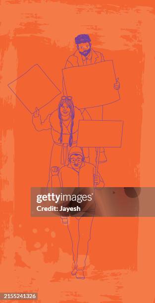 protestors protesting for awareness at a strike protest march for for awareness in a orange & purple sketchy style - millenial walking stock illustrations