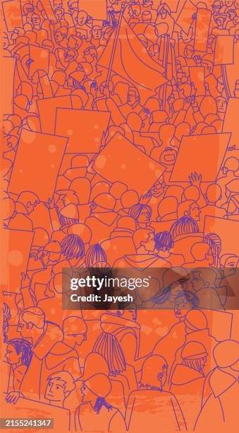 protestors protesting for awareness at a strike protest march for for awareness in a orange & purple sketchy style - millenial walking stock illustrations