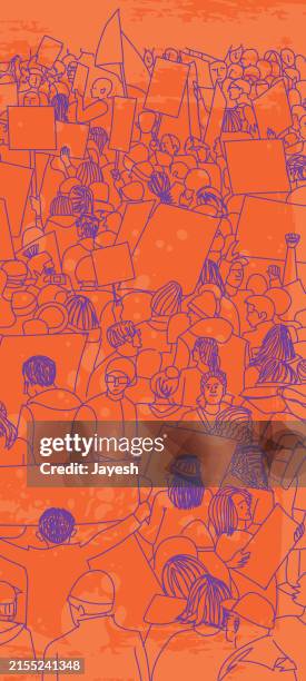 protestors protesting for awareness at a strike protest march for for awareness in a orange & purple sketchy style - millennials party stock illustrations