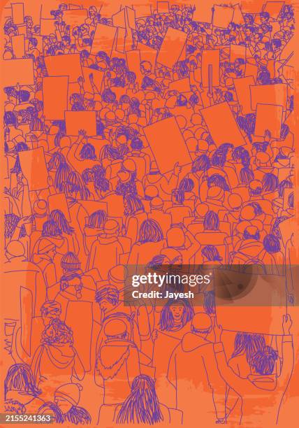 demonstranten protestieren bei einem streik protestmarsch für bewusstsein in einem orange-lila skizzenhaften stil - studierendenvertretung stock-grafiken, -clipart, -cartoons und -symbole