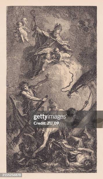 saint nicholas, engraved by martin johann schmidt, woodcut, published 1891 - saint nicholas stock illustrations