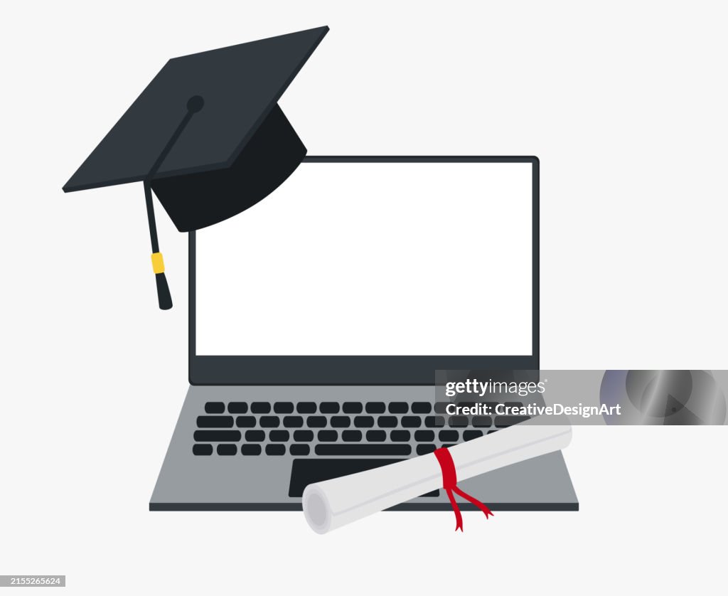 Graduation Computer Documents Online Education And Virtual Graduation Concept Front View Of Laptop ...