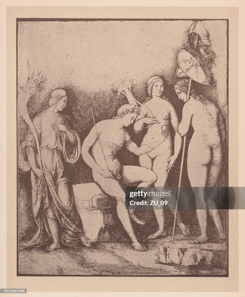 Paris and the three goddesses, engraved by Mantegna, halftone, 1891