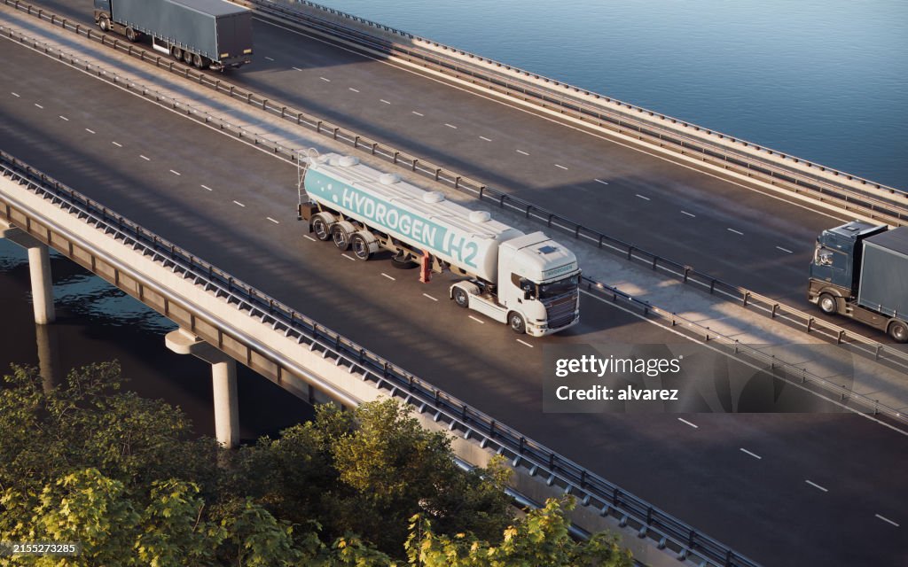 Digital erzeugter Wasserstoff-Lkw auf Küstenautobahnbrücke