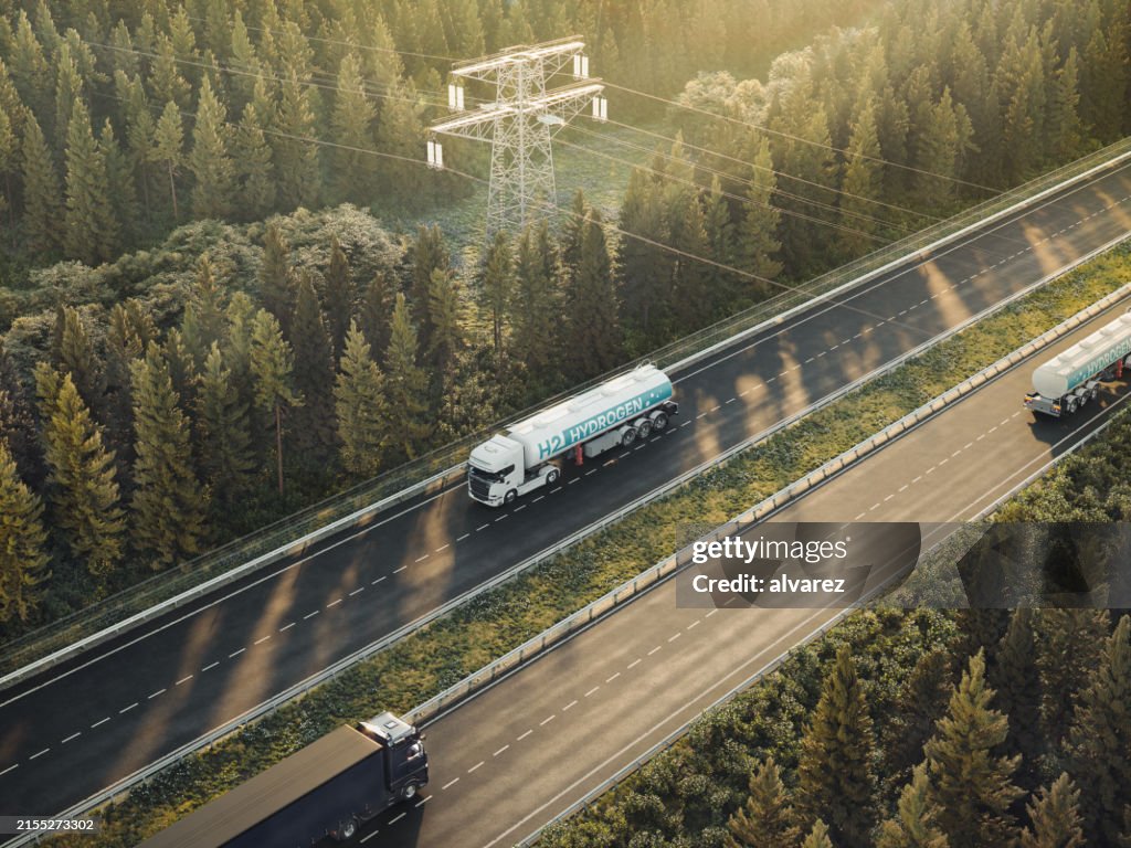 Digitally Created Hydrogen Truck on Highway Through Dense Forest