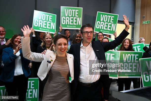 Green Party co-leaders Carla Denyer and Adrian Ramsay pose for the media during the Green Party campaign launch at St George’s Bristol, on May 30,...