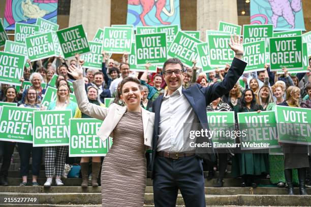 Green Party co-leaders Carla Denyer and Adrian Ramsay pose for the media during the Green Party campaign launch at St George’s Bristol, on May 30,...