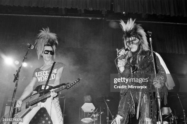 Tony James and Martin Degville on stage. 5th March 1986, Sigue Sigue Sputnik performing in concert at Queensway Hall, Dunstable, Bedfordshire
